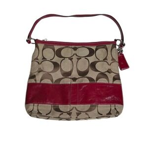 Coach Signature Canvas Shoulder Bag Red Leather Trim Zip Hobo Purse